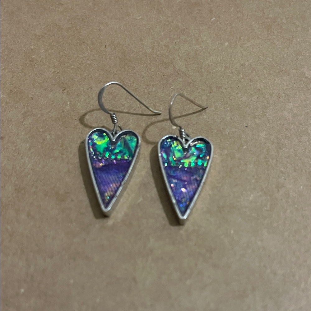 Silver Heart Earrings with Purple and Green Sparkle! So pretty!